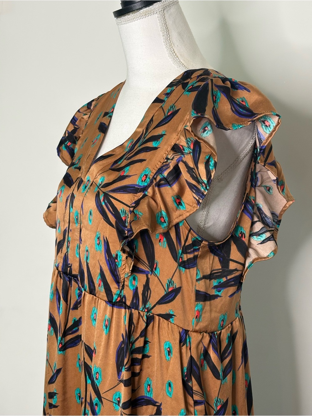 Entro Floral Ruffle Maxi Dress Small Boho Satin Brown Teal Tiered V Neck - Picture 5 of 7